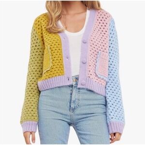 Pastel Dopamine Dressing Cottagecore Grannycore Crochet Crop Cardigan Sweater S